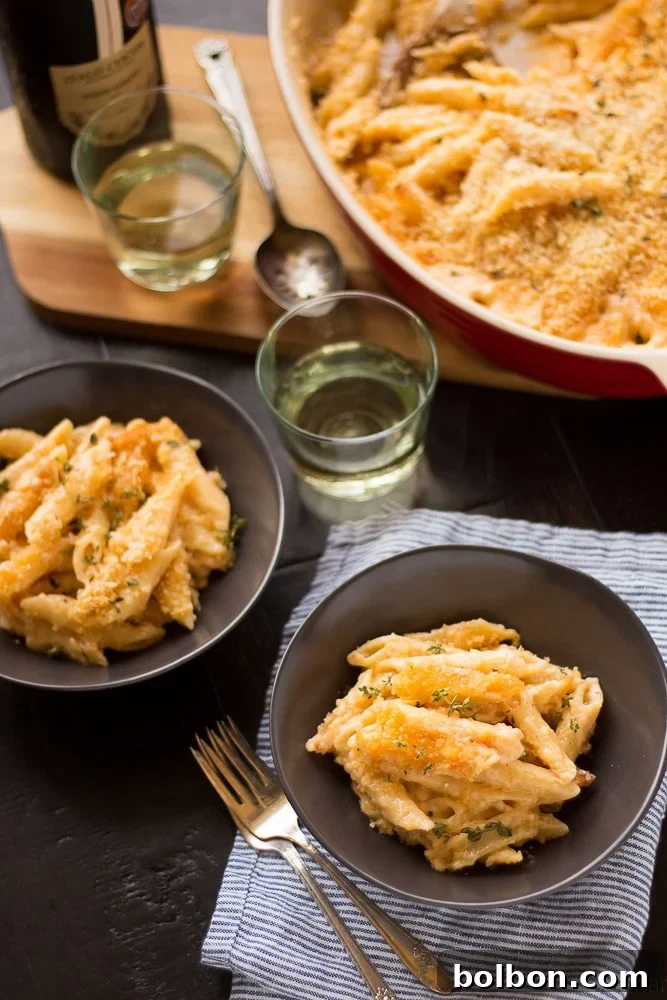 Decadent Truffle Four-Cheese Mac and Cheese 6 Golden-brown panko topping on Four Cheese Truffle Mac and Cheese, fresh out of the oven.