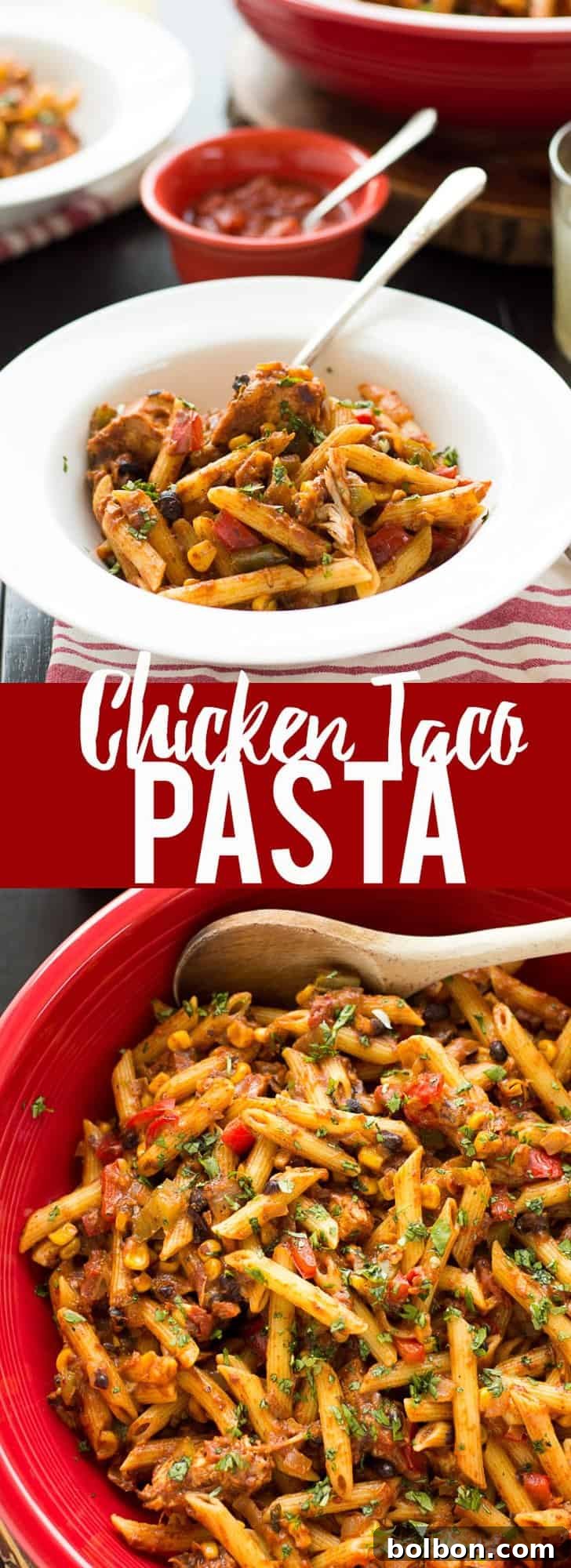 The Ultimate Chicken Taco Pasta And a Giveaway 4 An overhead view of the Chicken Taco Pasta in a rustic bowl, showcasing its rich texture and appetizing ingredients. A perfect blend of Mexican and Italian cuisine for a fast meal.