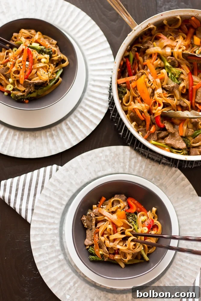 A close-up of the savory Beef Noodle Stir Fry, showing the rich sauce coating the noodles and vegetables.