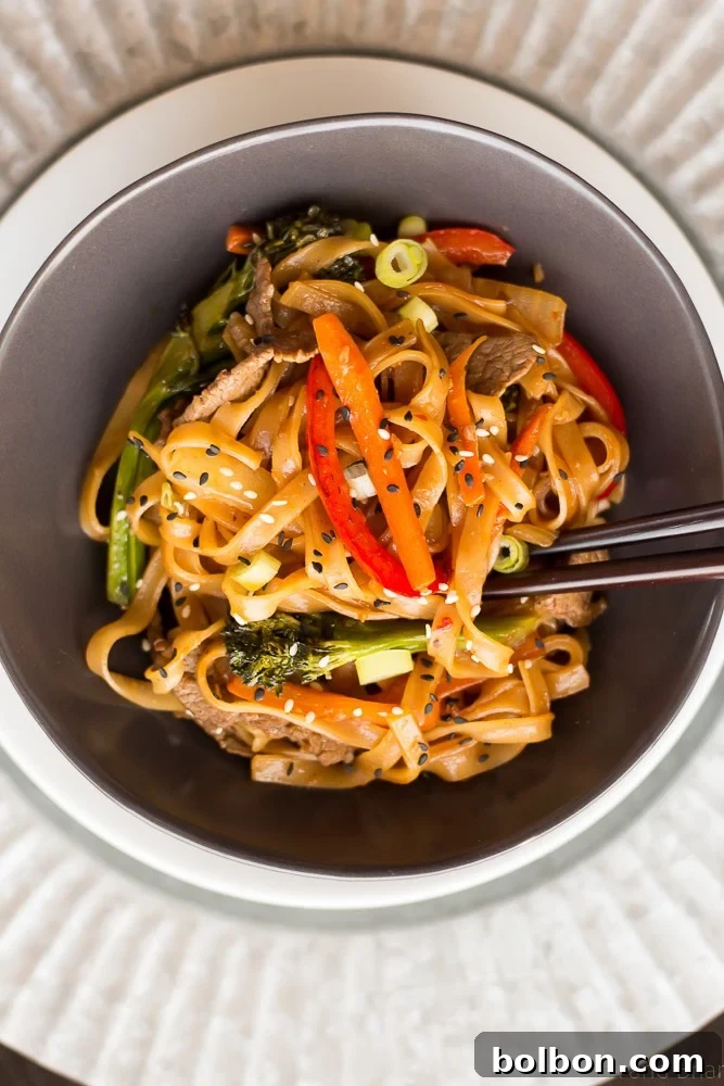 The finished Beef Noodle Stir Fry, garnished with sesame seeds and green onions, ready to be served.