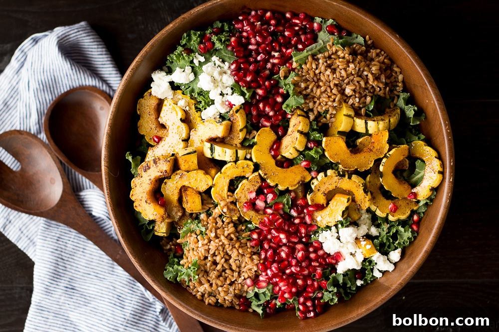 Autumn Harvest Salad featuring roasted delicata squash, fresh kale, pomegranate arils, farro, and goat cheese, tossed with a maple apple cider vinaigrette.