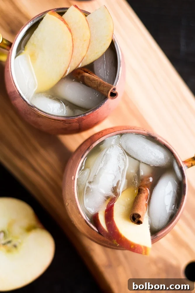 Orchard Spice Irish Mule 3 Close-up of an Apple Cider Irish Mule, showcasing apple slices and cinnamon stick garnishes
