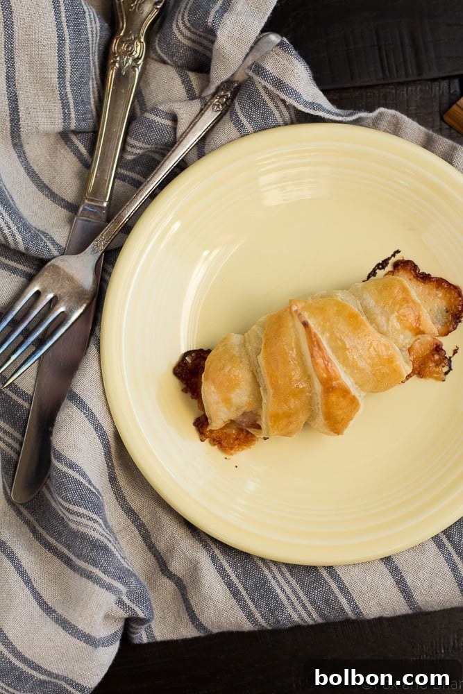 A final close-up of a perfectly baked ham and cheese croissant, showcasing its golden crust and inviting texture.