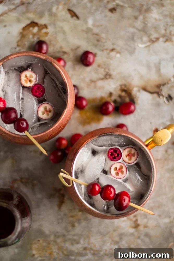 Close-up of a Cranberry Irish Mule cocktail, showing the vibrant red color and condensation on the copper mug, indicating a perfectly chilled drink.