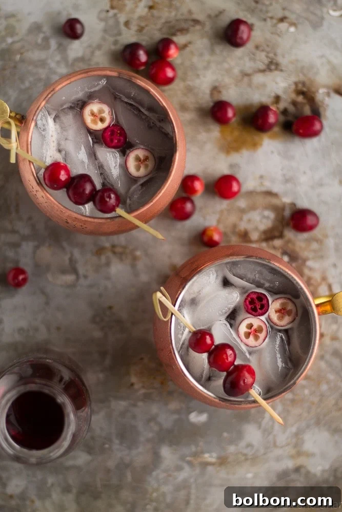 A top-down view of a Cranberry Irish Mule, showcasing the beautiful deep red color of the drink with ice, garnished with fresh cranberries.