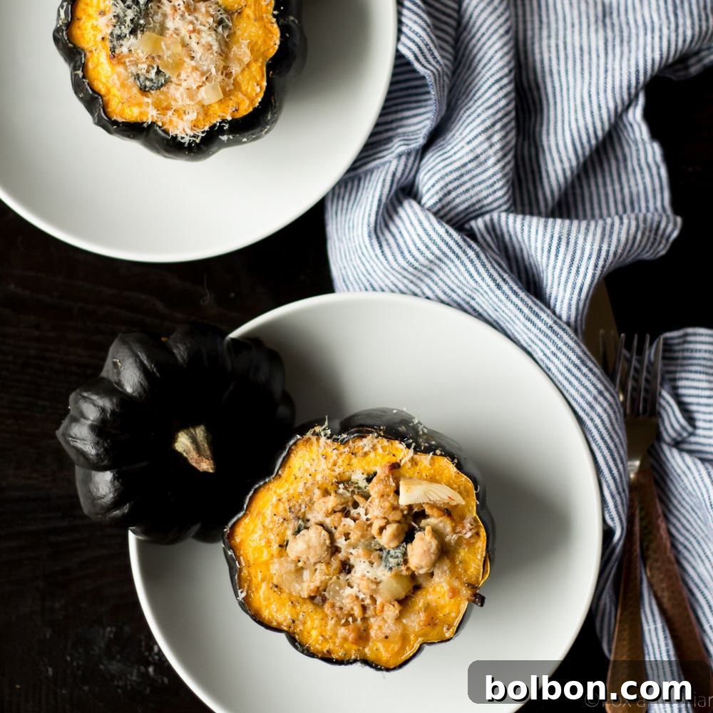 Hearty Sausage and Kale Stuffed Acorn Squash 2 Hearty Sausage and Kale Stuffed Acorn Squash, perfect for cold fall or winter days.