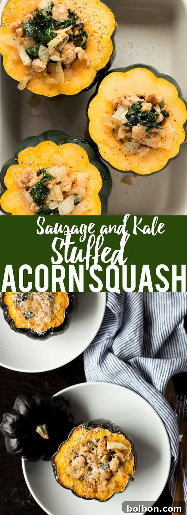 Hearty Sausage and Kale Stuffed Acorn Squash 3 Close-up of baked acorn squash halves with savory sausage and kale filling.