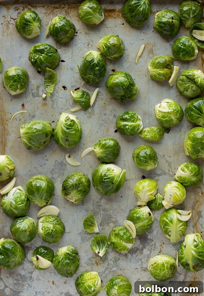 Close-up of roasted Brussels sprouts, halved and caramelized, alongside tender lemon garlic shrimp on a baking sheet.