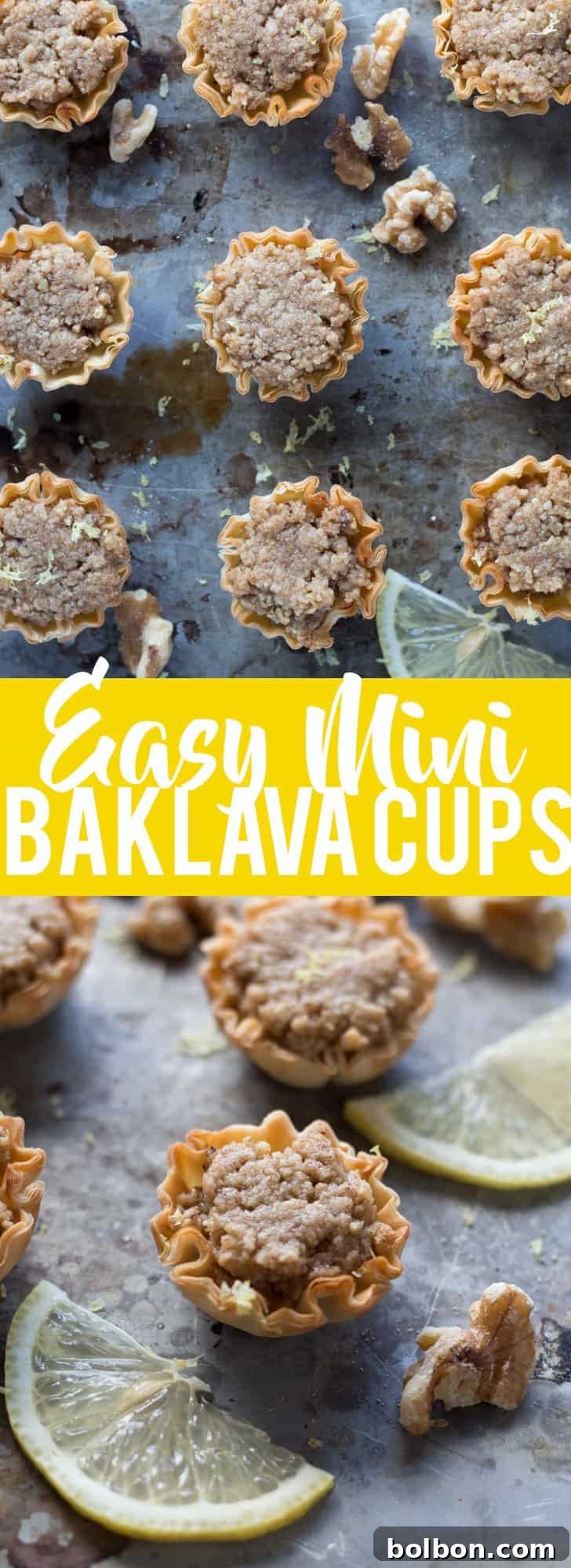 Close-up of golden Mini Baklava Cups arranged on a platter