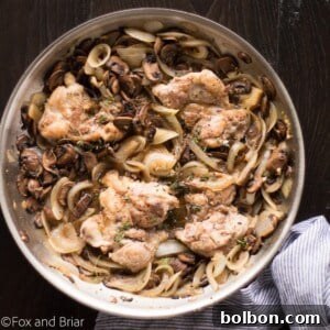 Skillet Chicken with Wine-Kissed Mushrooms 7 Final plated dish of Skillet Chicken and White Wine Mushrooms.
