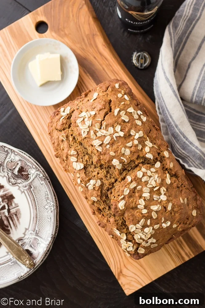 Traditional Irish Guinness Brown Bread 3 Close-up of freshly baked Irish Guinness Brown Bread, showcasing its texture and golden crust, a delightful quick bread