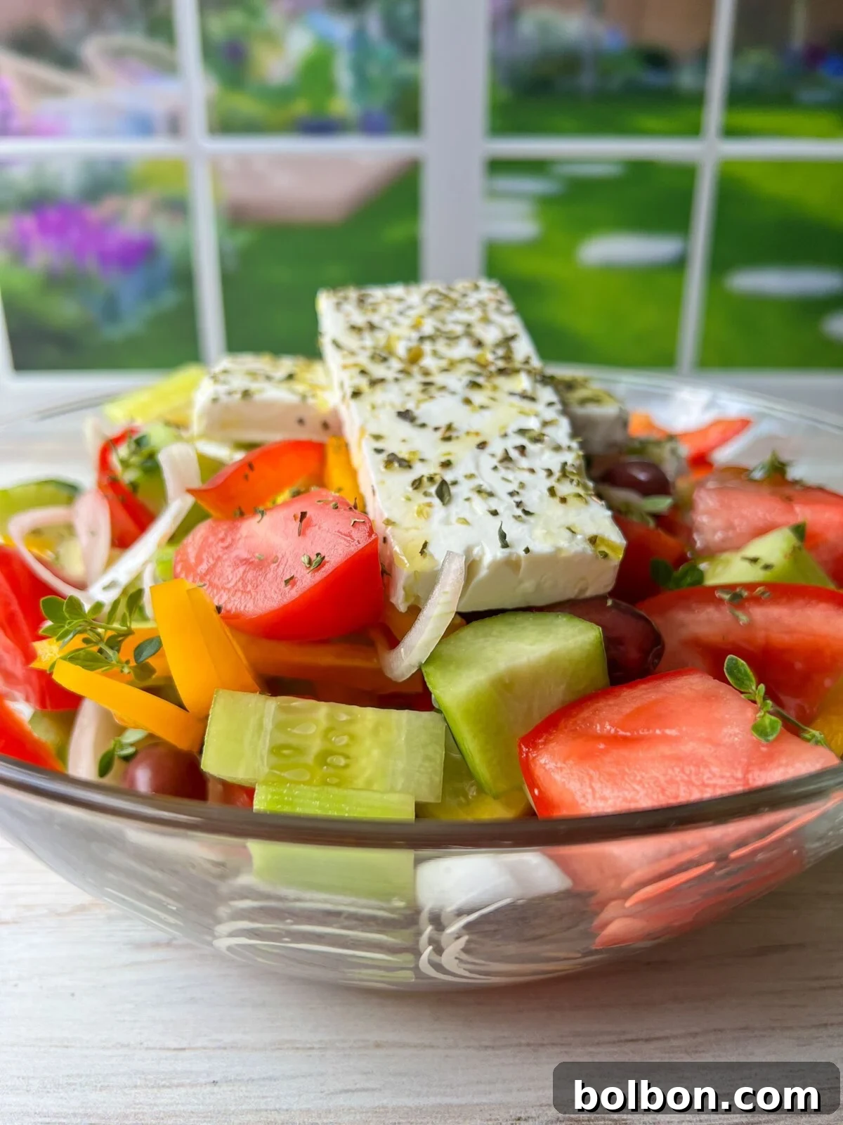Close-up of Authentic Greek Salad with succulent feta cheese, olives, and fresh vegetables