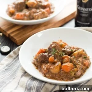 A top-down view of the prepared Irish Guinness Beef Stew with fresh parsley.