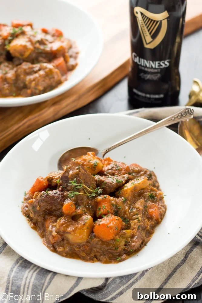 Guinness-Laced Irish Beef Stew 6 A final close-up of the Irish Guinness Beef Stew, garnished with fresh herbs, ready to be enjoyed.
