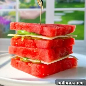 Melonwich Magic 4 A refreshing Watermelon Sandwich, featuring layers of watermelon, cheese, and greens held together by a toothpick, sits on a white plate with a blurred garden visible outside the window in the background.