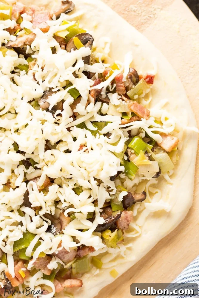Delicious Leek, Bacon, and Mushroom Pizza ready to eat