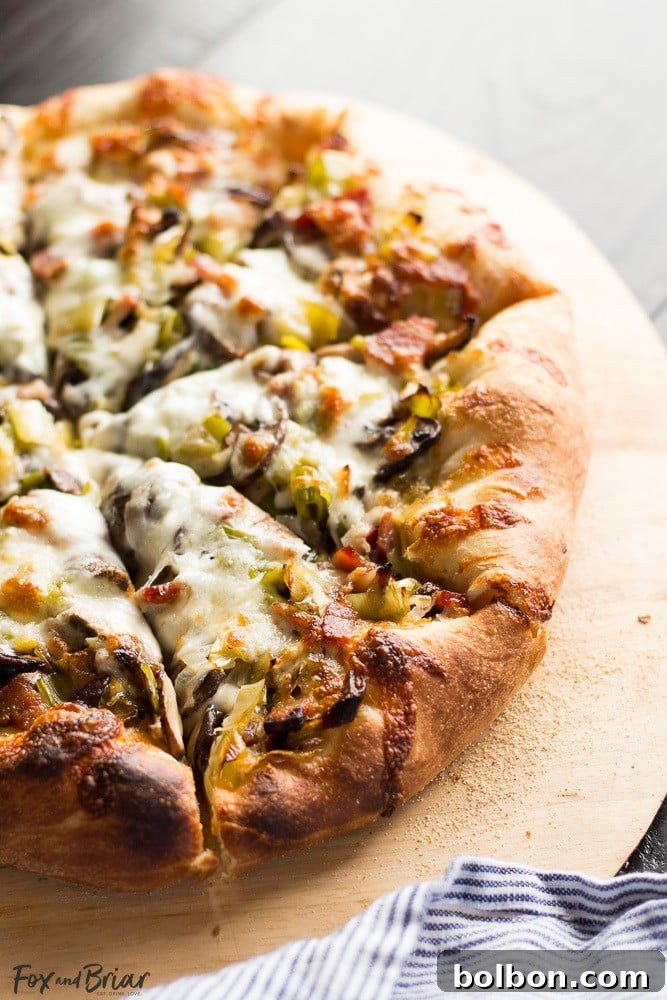 Close-up of baked Leek, Bacon, and Mushroom Pizza