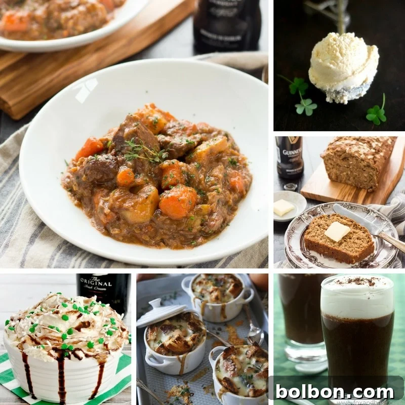 A vibrant spread of 17 delicious St. Patrick's Day recipes including Irish beef stew, soda bread, and shamrock shakes, perfect for celebrating
