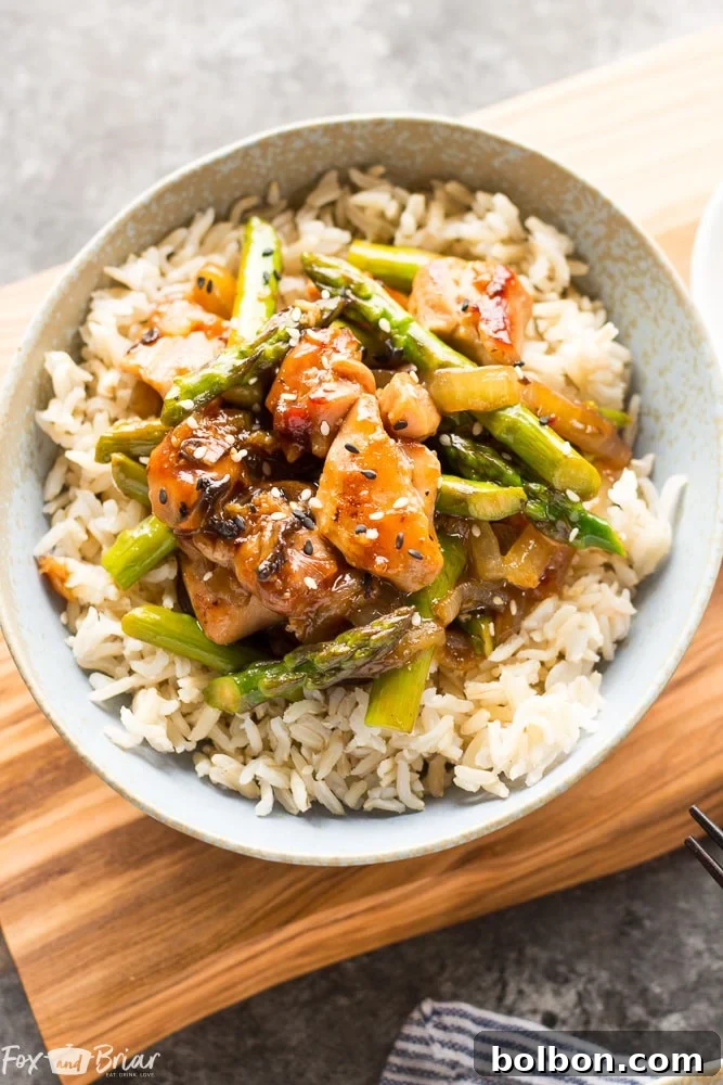Vibrant Ginger Chicken Asparagus Stir-Fry 5 Bowl of Ginger Chicken Asparagus Stir Fry served over brown rice, garnished with green onions