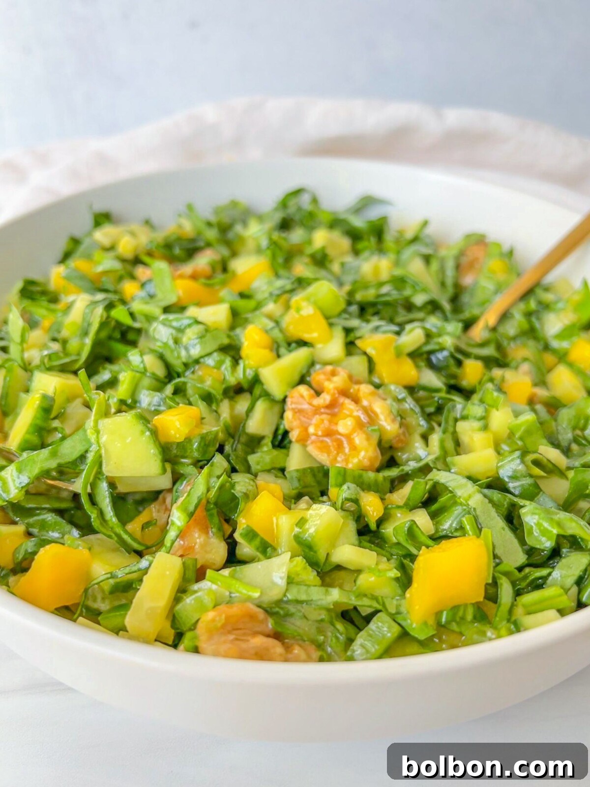 A beautifully presented, vibrant Mango Salad, showcasing finely chopped fresh ingredients and a rich mango dressing.
