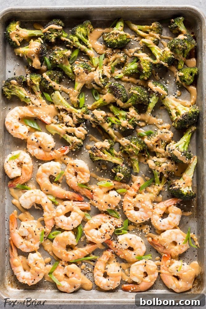 One-Pan Peanut Shrimp and Broccoli 2 Delicious Sheet Pan Peanut Sauce Shrimp and Broccoli dinner plated with rice
