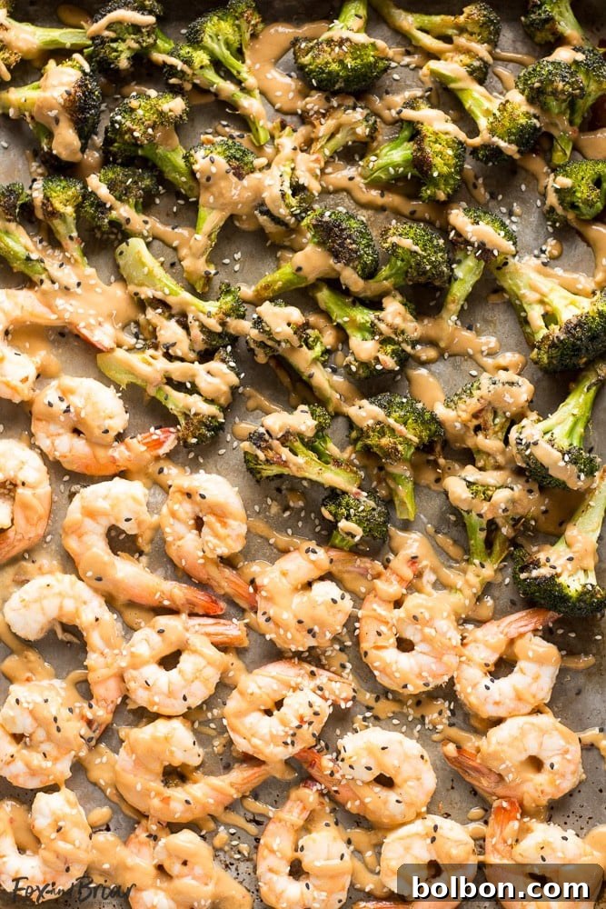 One-Pan Peanut Shrimp and Broccoli 4 Detailed shot of perfectly roasted broccoli florets with vibrant green hues