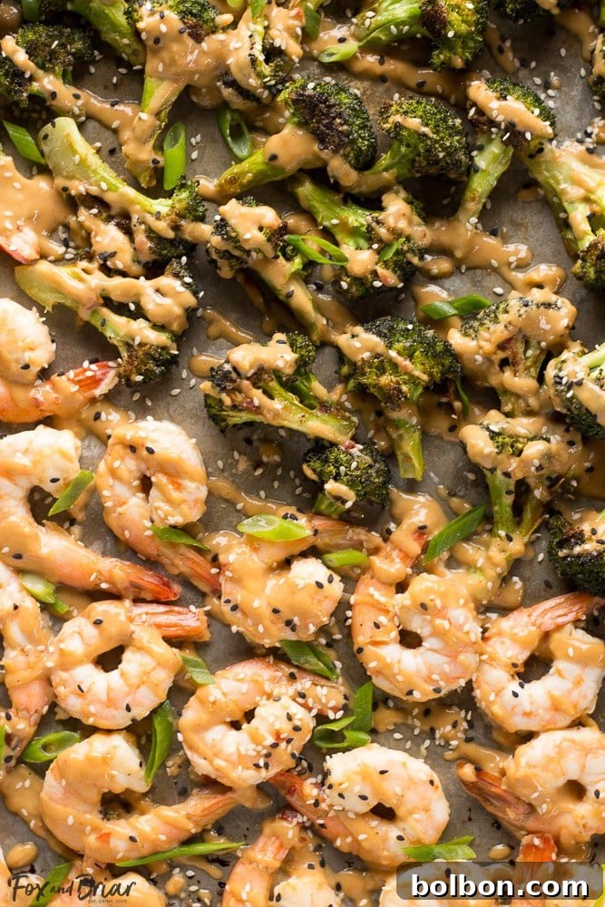 One-Pan Peanut Shrimp and Broccoli 5 Serving of Sheet Pan Peanut Sauce Shrimp and Broccoli over a bed of white rice