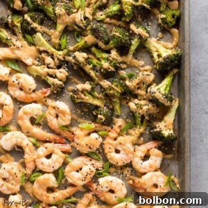 A vibrant Sheet Pan Peanut Sauce Shrimp and Broccoli dish