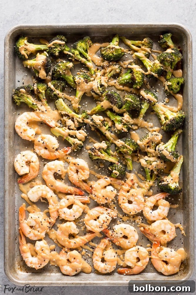 One-Pan Peanut Shrimp and Broccoli 7 The finished Sheet Pan Peanut Sauce Shrimp and Broccoli, garnished with green onions and sesame seeds