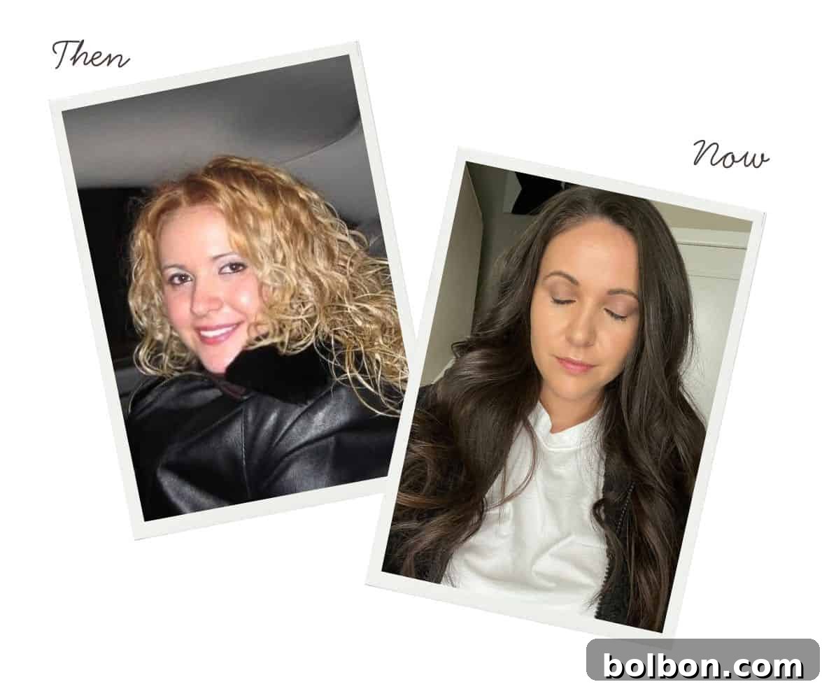 Side-by-side photos labeled "Then" and "Now"; the left shows a woman with curly blonde hair smiling, while the right shows the same woman with long dark hair, eyes closed, and a calm expression.