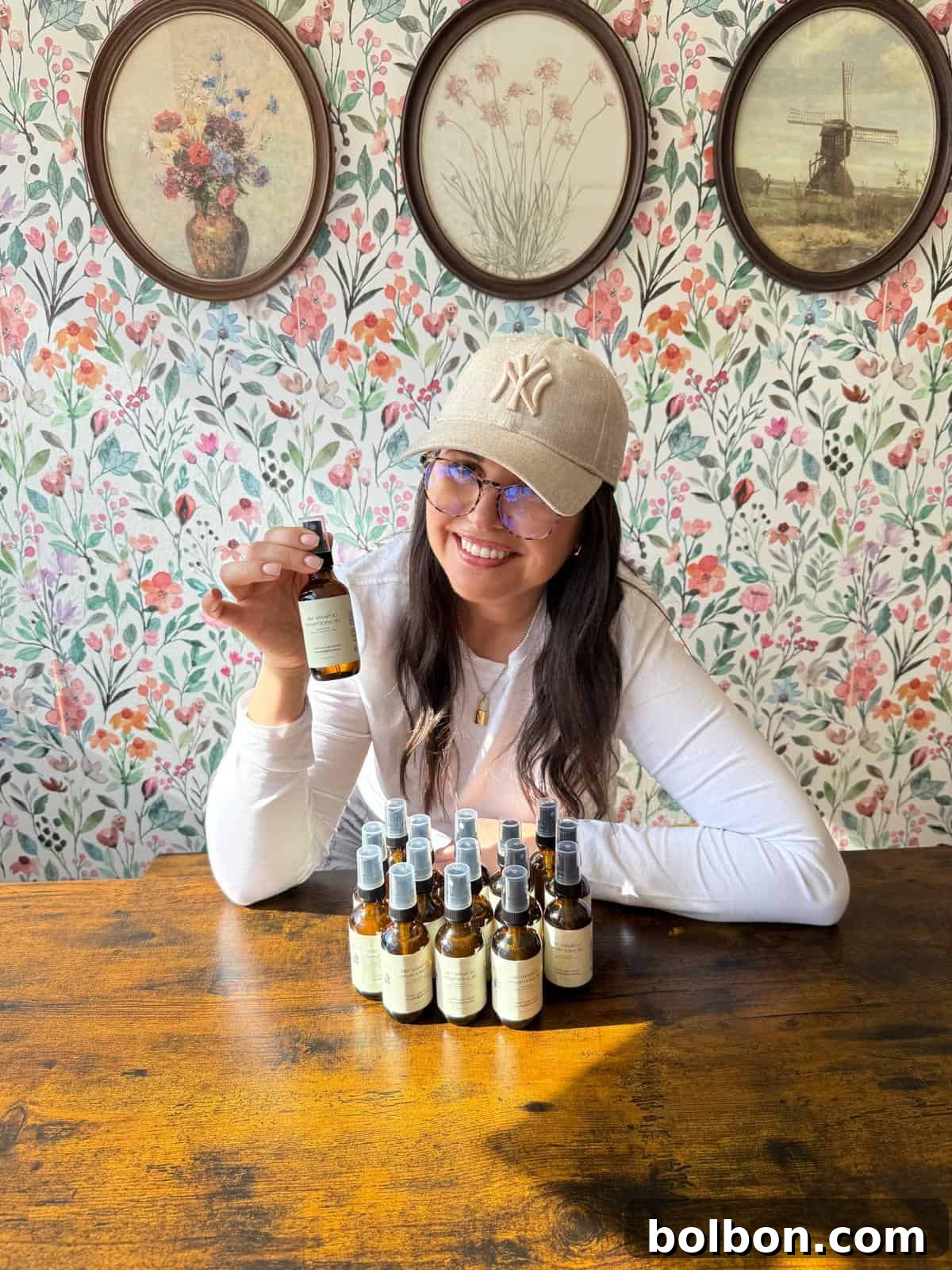 A woman in a beige cap and glasses sits at a wooden table with several small bottles in front of her, holding one up and smiling. The background features floral wallpaper and framed art.