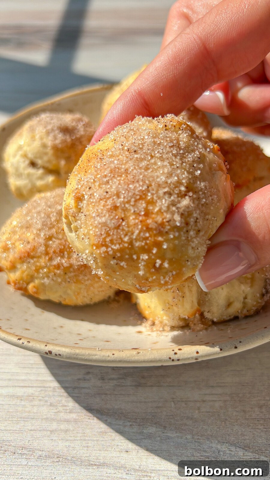 Close-up of golden brown 2 Ingredient Banana Donut Holes coated in cinnamon sugar, showcasing their soft texture.