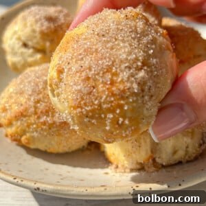 A hand holds a round, golden-brown Banana Donut Hole coated with sugar, above a ceramic plate filled with similar pastries on a light wooden surface—perfect for enjoying easy 2 Ingredient banana donut holes.