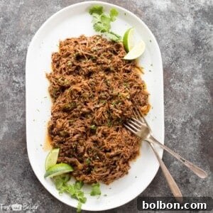 A dish of Slow Cooker Mexican Shredded Beef ready to be served, highlighting its rich texture.