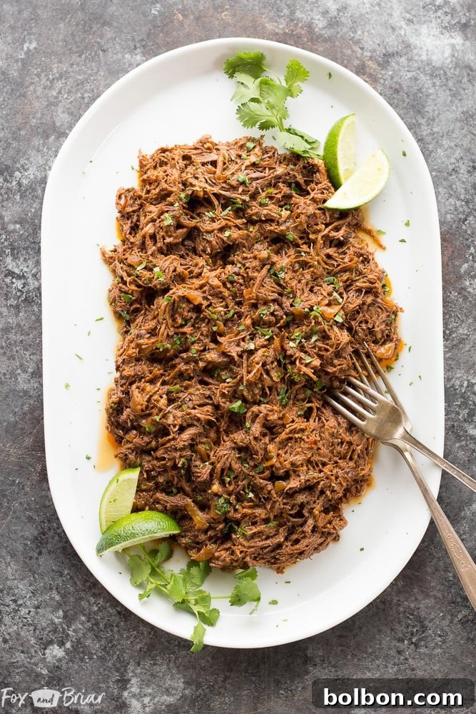 A final inviting image of the cooked Slow Cooker Mexican Shredded Beef in a bowl, ready to be enjoyed.