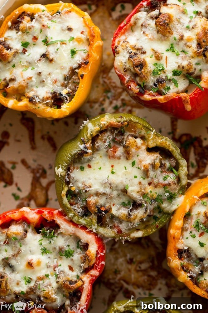 Delicious Pizza Stuffed Bell Peppers, a perfect low-carb dinner idea. Easy and healthy recipe for weight watchers.