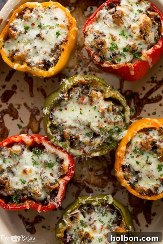 Cheesy Pizza Stuffed Peppers 9 A beautifully arranged serving of Pizza Stuffed Bell Peppers on a plate, garnished with fresh herbs and ready to eat.