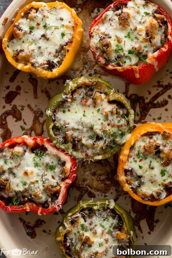 Close-up of a single Pizza Stuffed Bell Pepper, perfectly baked and ready to enjoy, highlighting the rich filling and tender pepper.