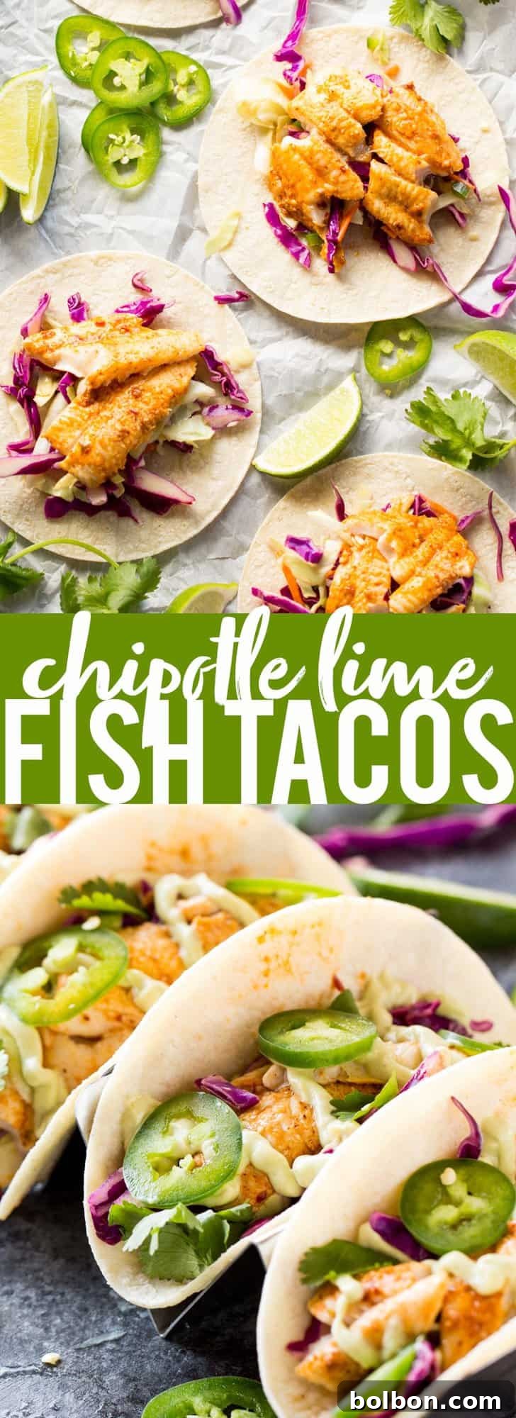 Overhead shot of freshly assembled Chipotle Lime Fish Tacos with bright green avocado crema and vibrant red salsa, ready to be enjoyed.