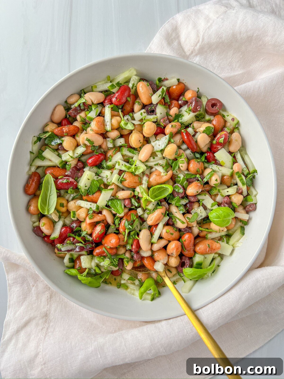 Vibrant Mixed Bean Salad in a bowl, showcasing an array of colorful beans, chopped cucumber, and fresh herbs, ready to be enjoyed.