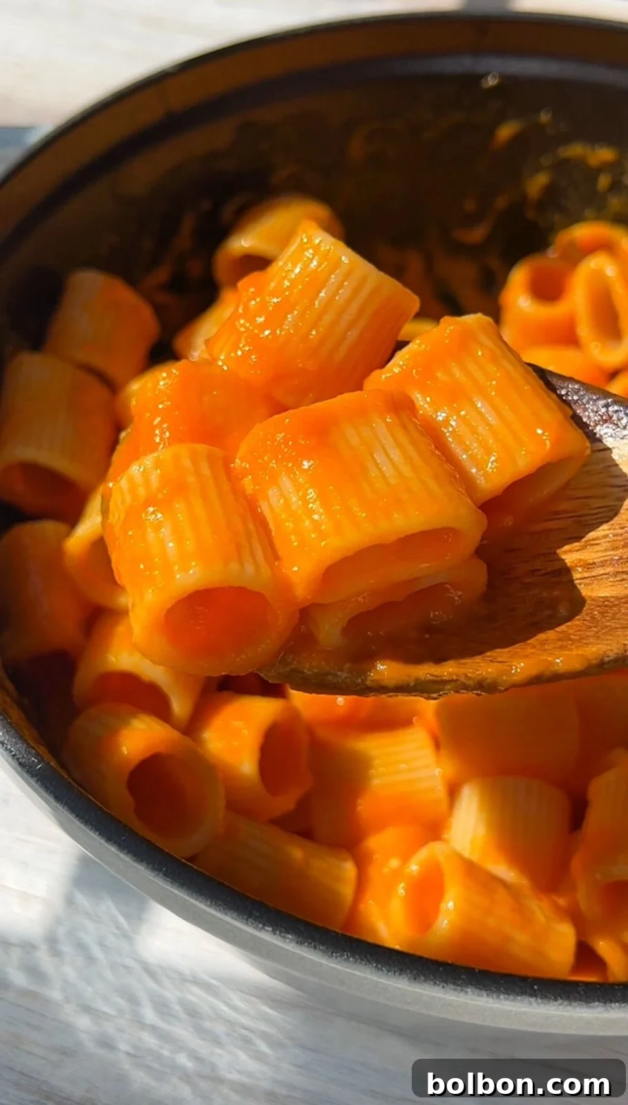 Homemade Marinara Perfection 2 Close-up of a wooden spoon lifting a serving of rigatoni pasta covered in a bright orange sauce from a pot. The rigatoni pieces are round and tubular, and the sauce appears smooth and creamy, hinting at a delicious marinara sauce recipe. The pot is partly visible, showing additional pasta coated in the sauce.