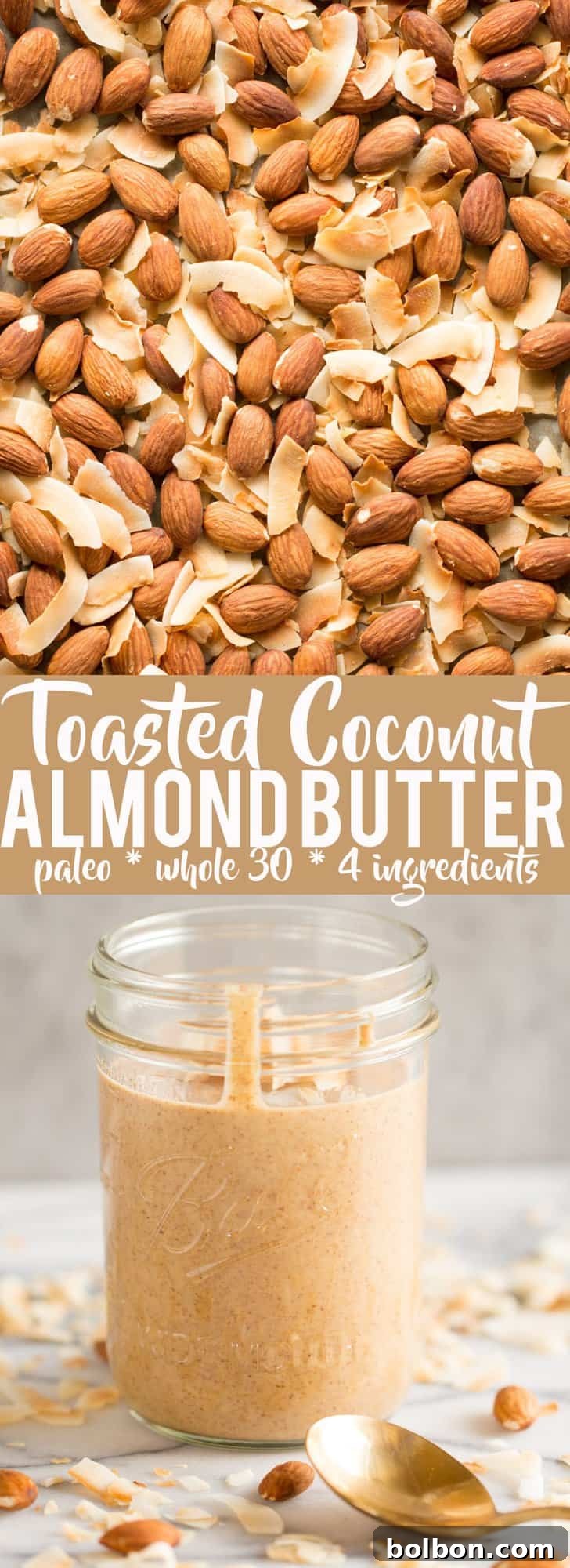 Close-up of toasted coconut flakes and almonds, key ingredients for this DIY almond butter.