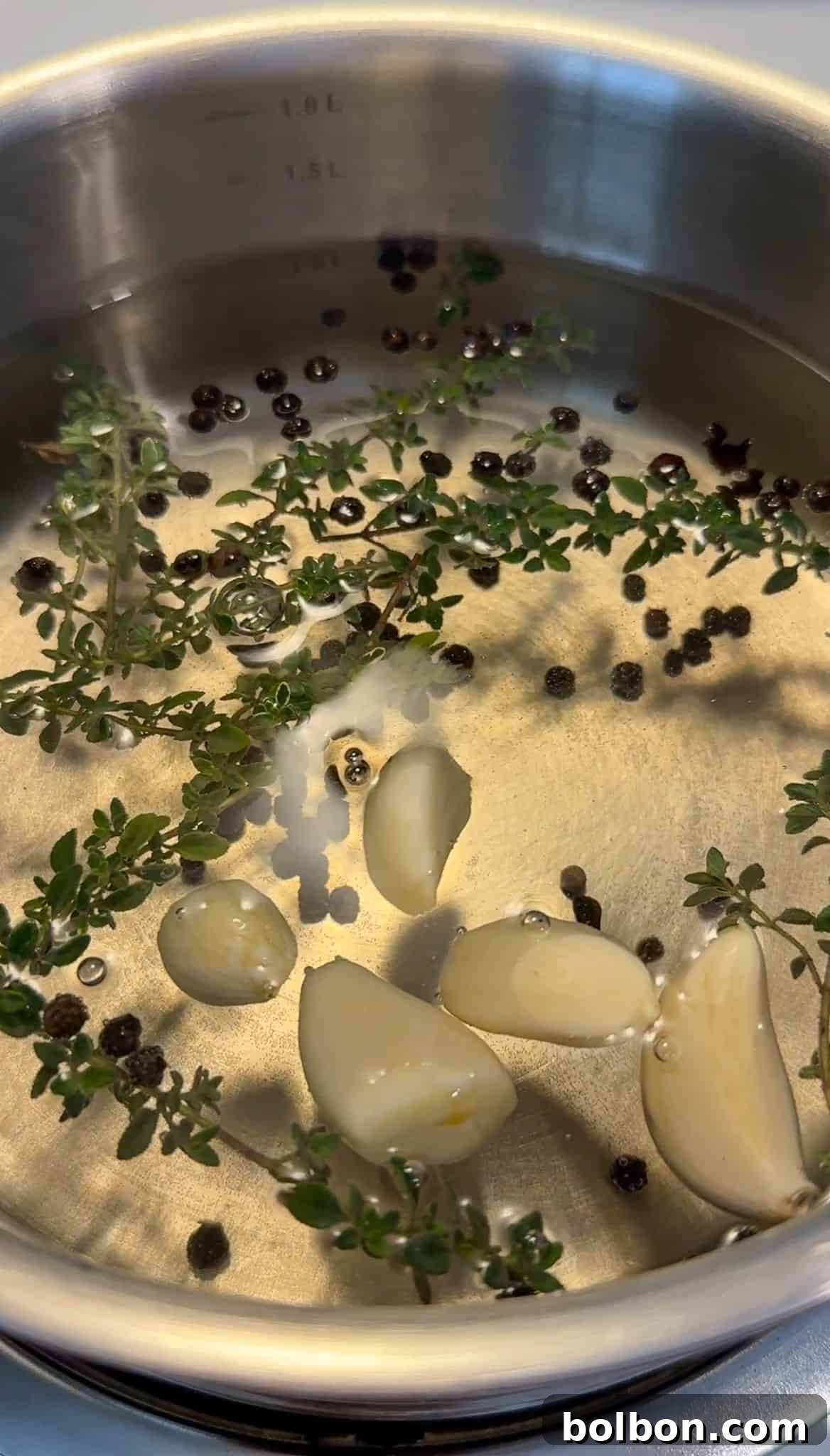A close-up of a stainless steel pot being used to prepare an infusion. Inside the pot, there are sprigs of thyme, cloves of garlic, and black peppercorns submerged in water. The contents are gently heating on a stove.