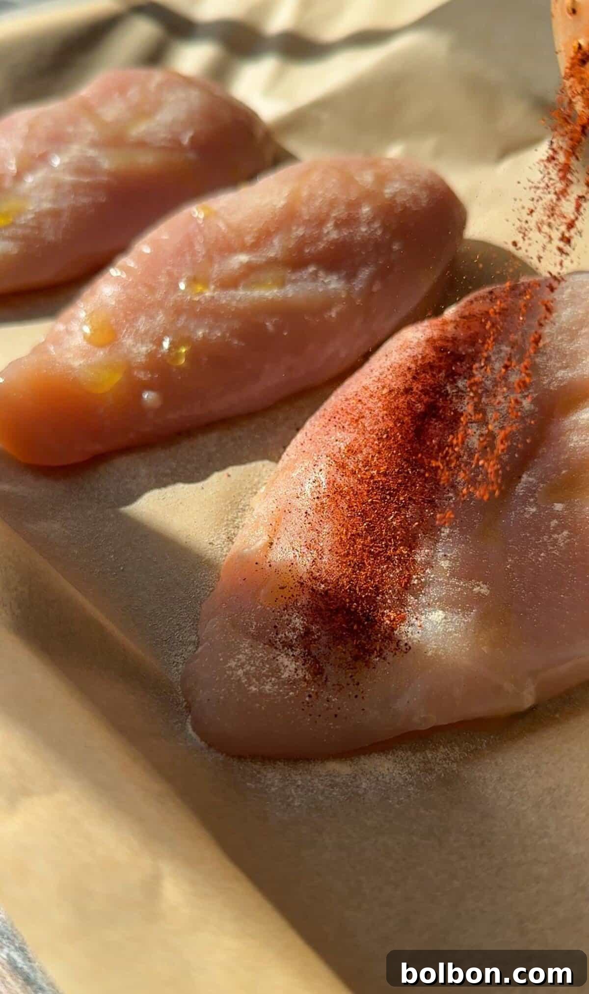 Chicken breasts are arranged in a row on parchment paper. One of the chicken breasts is being sprinkled with a reddish-brown spice, likely paprika, from the right side. The scene is well-lit, highlighting the raw, seasoned chicken.