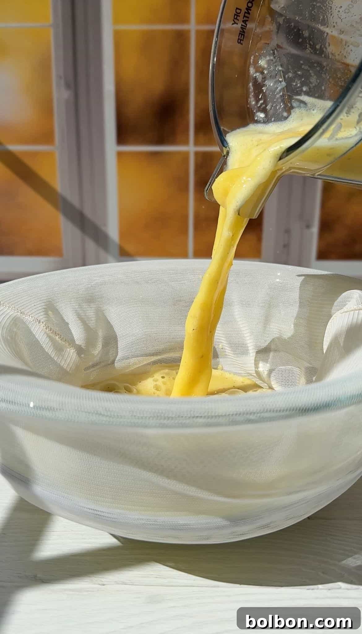 pouring the juice from the blender into a nut milk bag 