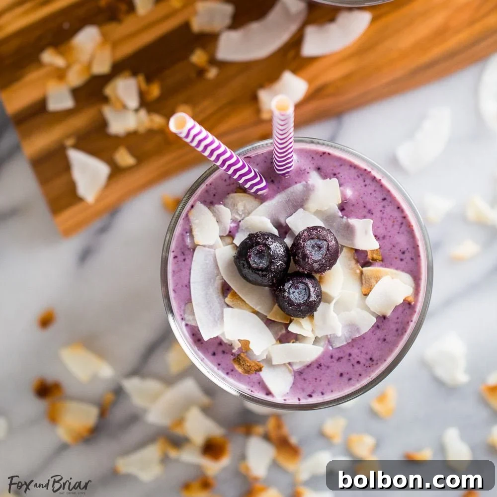 Overhead shot of a Blueberry Banana Coconut Smoothie surrounded by fresh blueberries and banana slices, highlighting its wholesome ingredients.