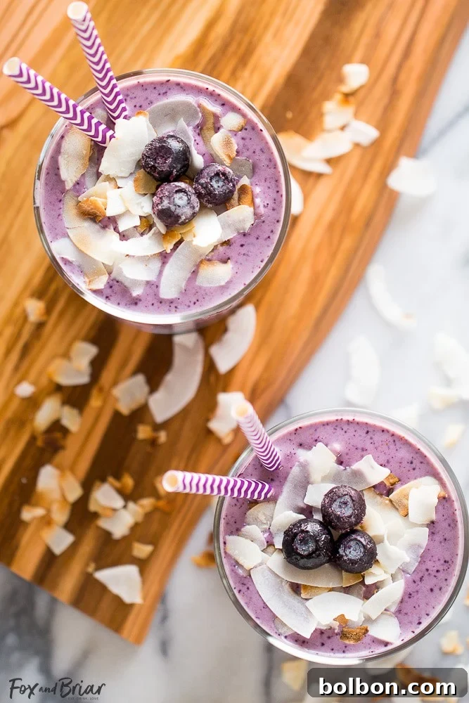 Another enticing shot of the Blueberry Banana Coconut Smoothie, emphasizing its refreshing appeal.