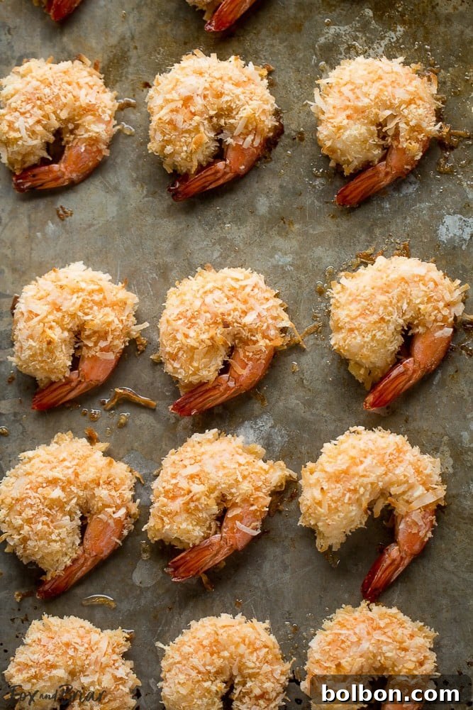 Restaurant-Quality Baked Coconut Shrimp at Home 3 Beautifully baked coconut shrimp presented on a serving plate.