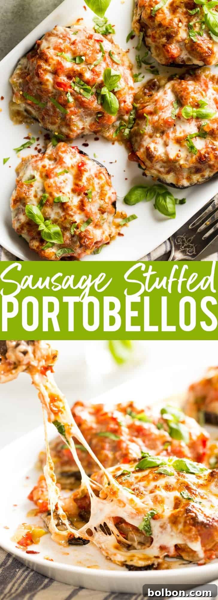 Gourmet Sausage Stuffed Portobellos 3 Close-up of a skillet filled with a savory sausage and tomato marinara sauce, perfect for stuffing portobello mushrooms.