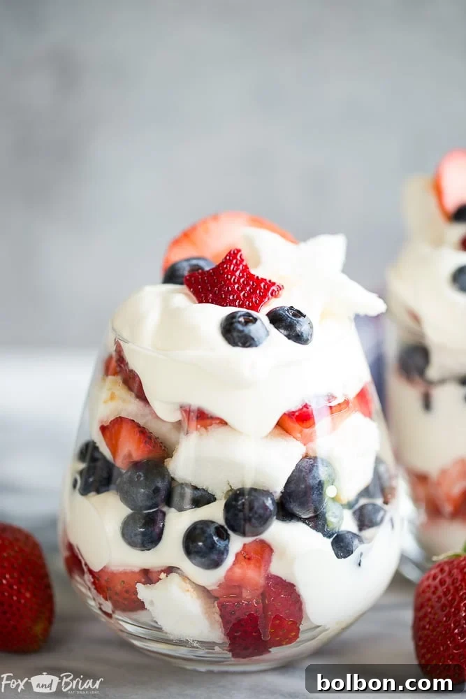 Individual Red, White, and Blue Trifles, a festive and impressive dessert idea for summer BBQs and patriotic holidays.